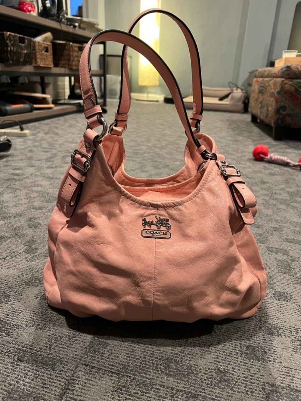 Coach Pink Leather Shoulder Hobo Bag with Silver( Madison peach pebbled)
